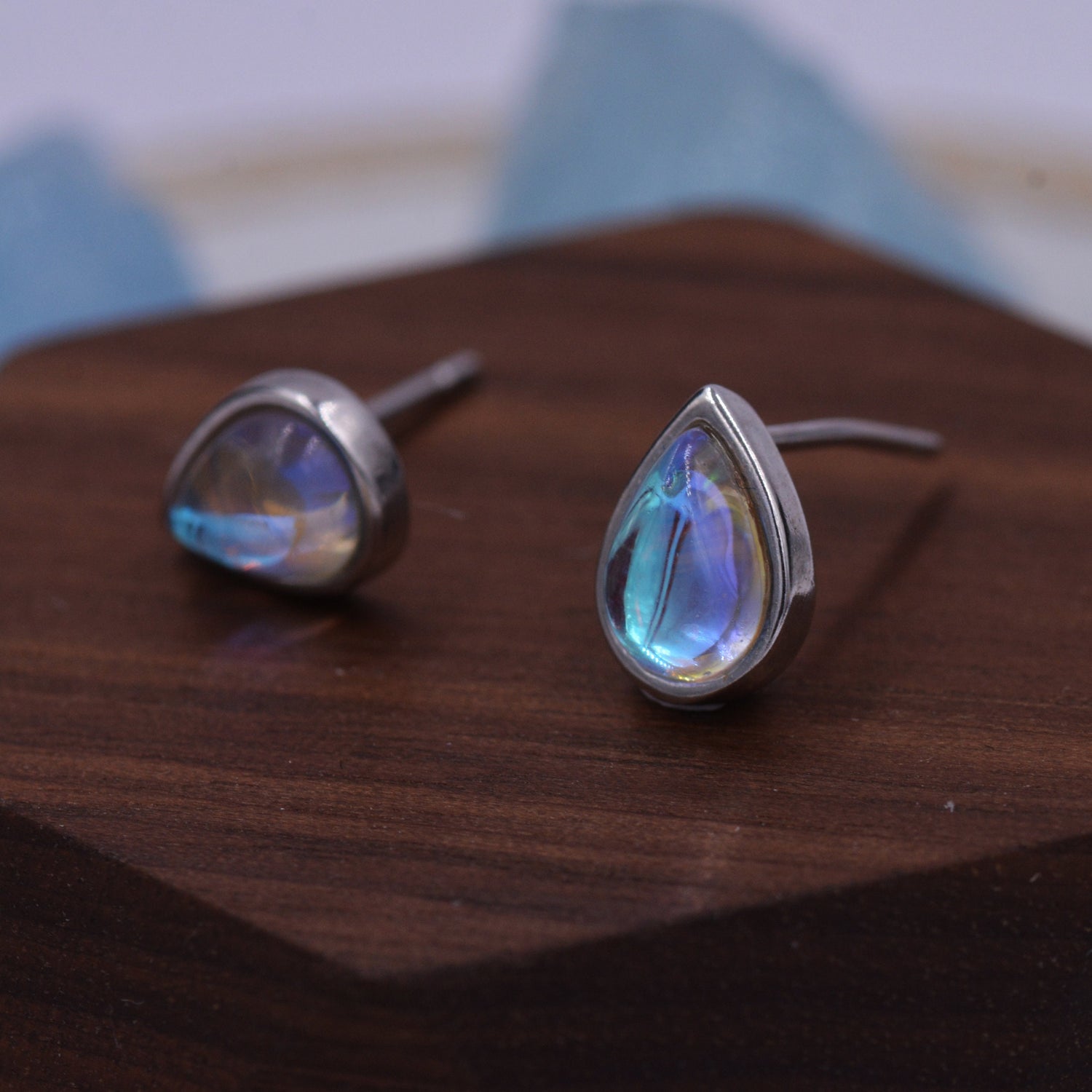 Sterling Silver Droplet Moonstone Stud Earrings, Mermaid Colour Earrings, Simulated Moonstone Glass Earrings, Minimalist