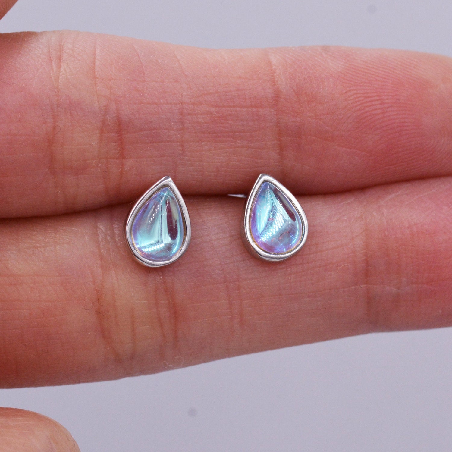 Sterling Silver Droplet Moonstone Stud Earrings, Mermaid Colour Earrings, Simulated Moonstone Glass Earrings, Minimalist