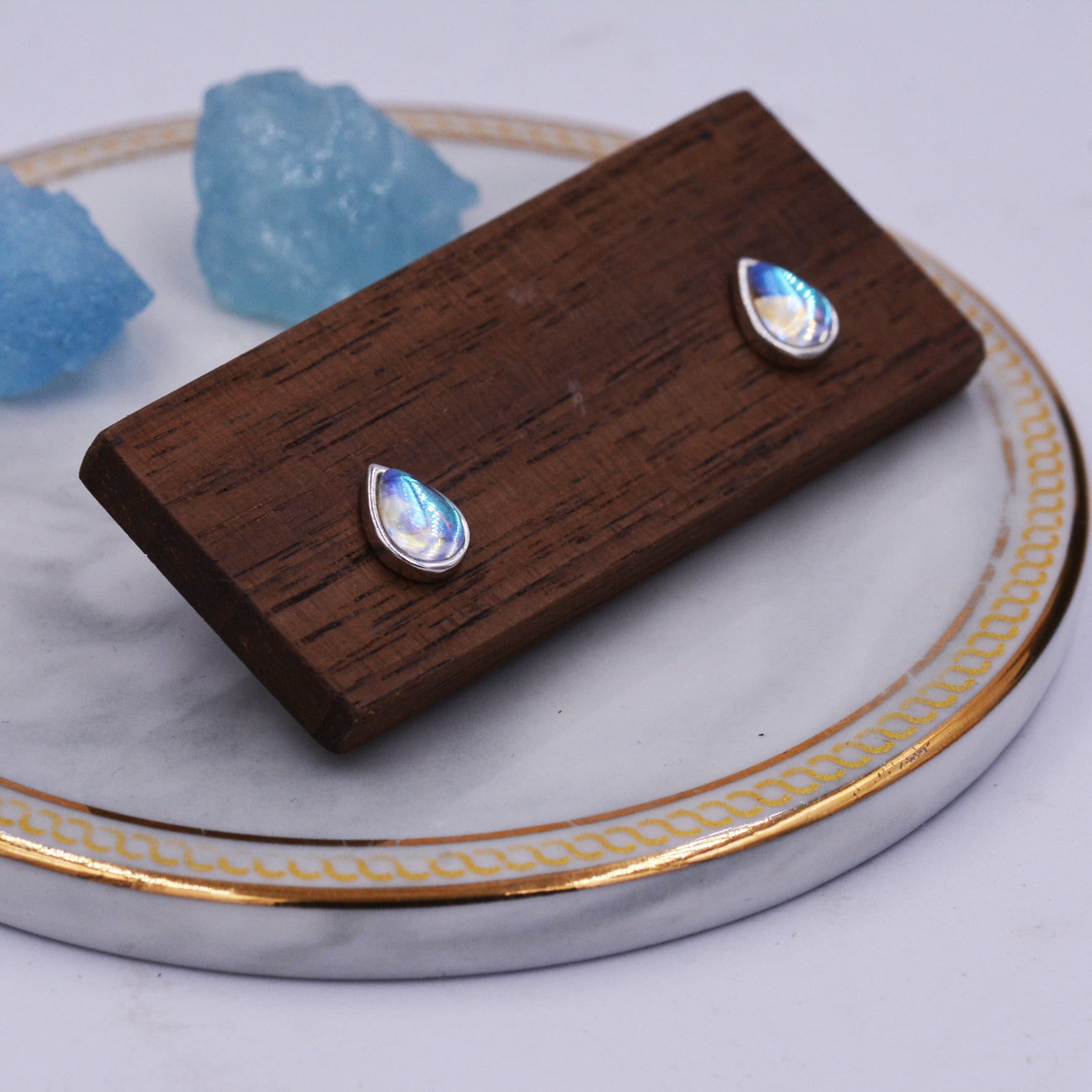 Sterling Silver Droplet Moonstone Stud Earrings, Mermaid Colour Earrings, Simulated Moonstone Glass Earrings, Minimalist