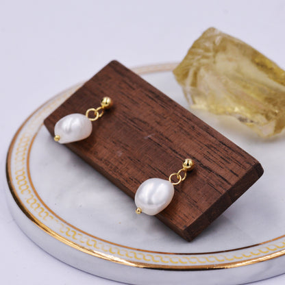 Genuine Fresh Water Pearls Drop Stud Earrings, Baroque Pearl, Sterling silver with 18ct Gold Plating, Simple and Minimalist