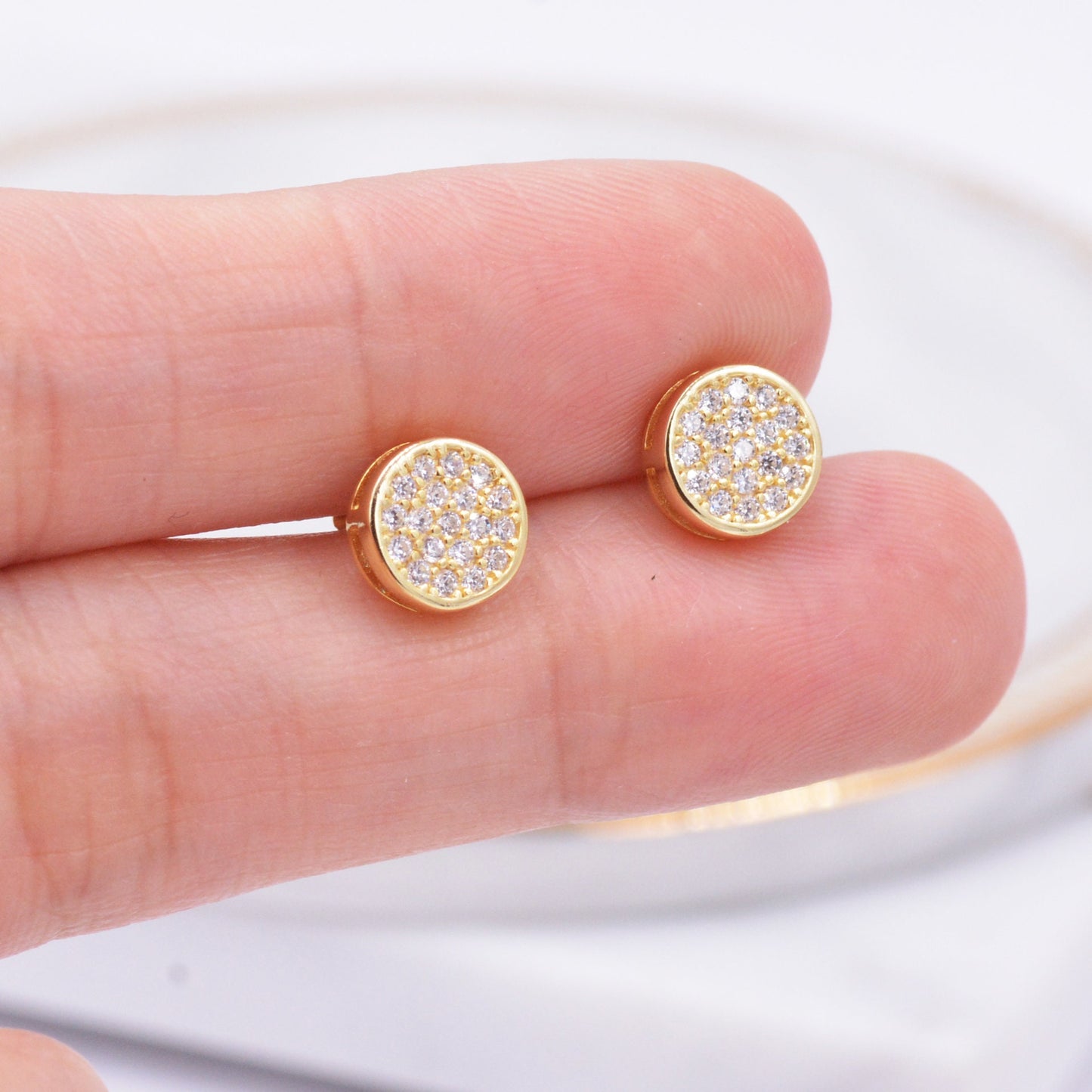 Sterling Silver CZ Crystal Encrusted Disk Stud Earrings, Simple and Elegant.