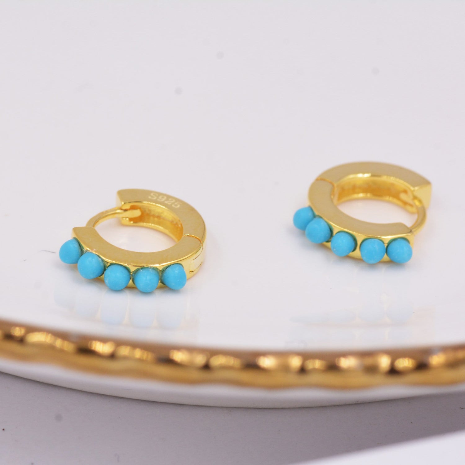 Sterling Silver Turquoise Stones Huggie Hoop Earrings, Gold Hoop, Minimalist Geometric Hoop Earrings