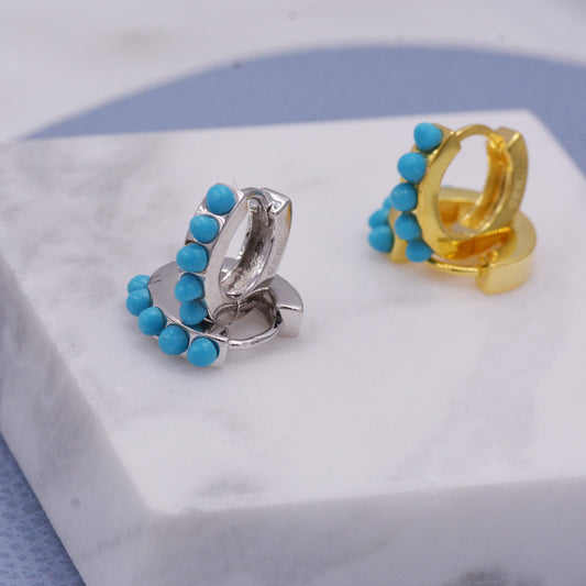 Sterling Silver Turquoise Stones Huggie Hoop Earrings, Gold Hoop, Minimalist Geometric Hoop Earrings