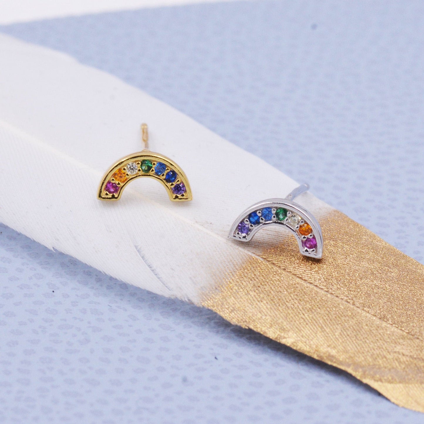 Sterling Silver CZ Crystal Rainbow Stud Earrings, Gold and Silver, Cute and Quirky Jewellery