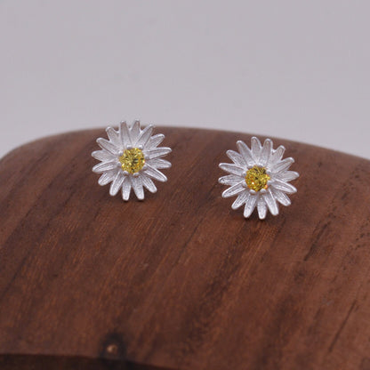 Citrine Daisy Flower Blossom Stud Earrings in Sterling SIlver , Dainty and Delicate, Cute and Quirky Jewellery