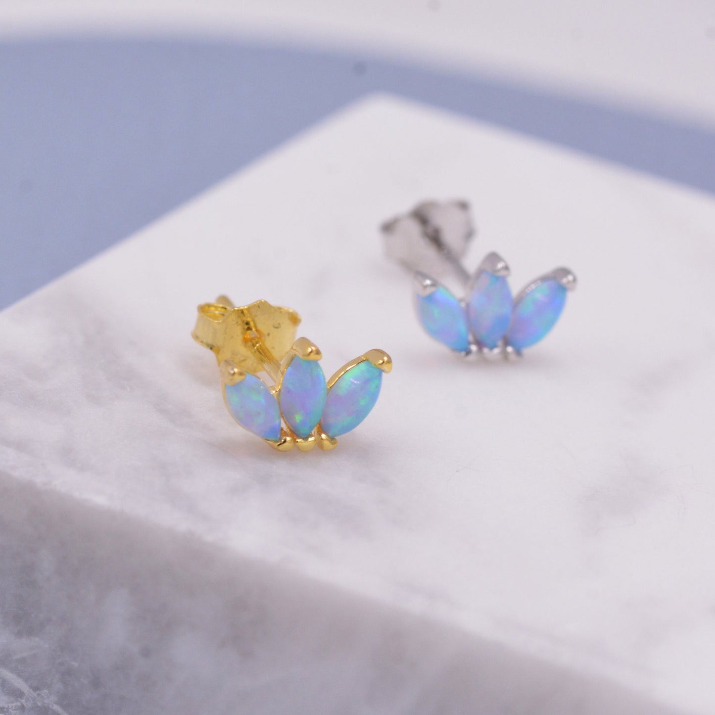 Sterling Silver Blue Opal Marquise Cluster Stud Earrings, Marquise Fan Stud, Opal Crown Stud, Gold or Silver, Minimalist Geometric Design