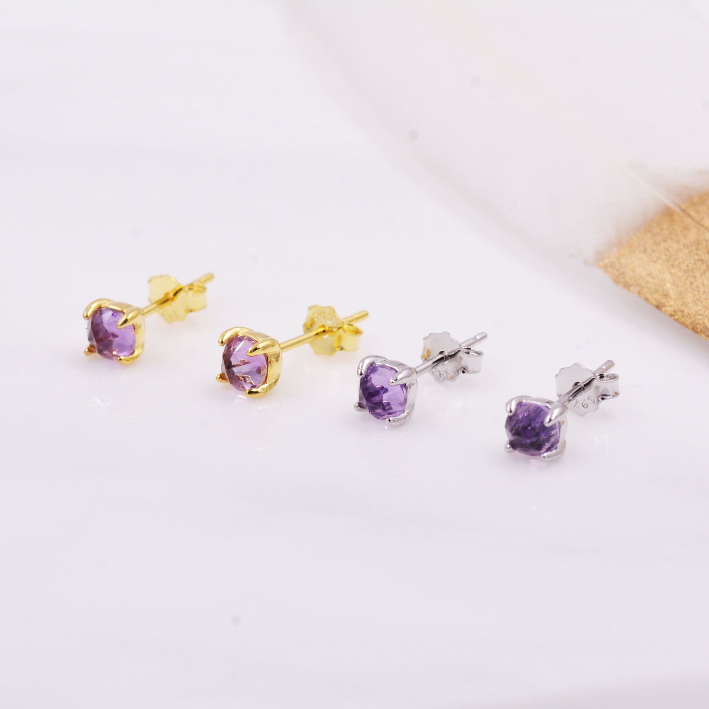 Natural Amethyst Tiny Stud Earrings in Sterling Silver, Rose Cut Amethyst, Gold or Silver, Genuine Gemstone, Minimalist Geometric Design