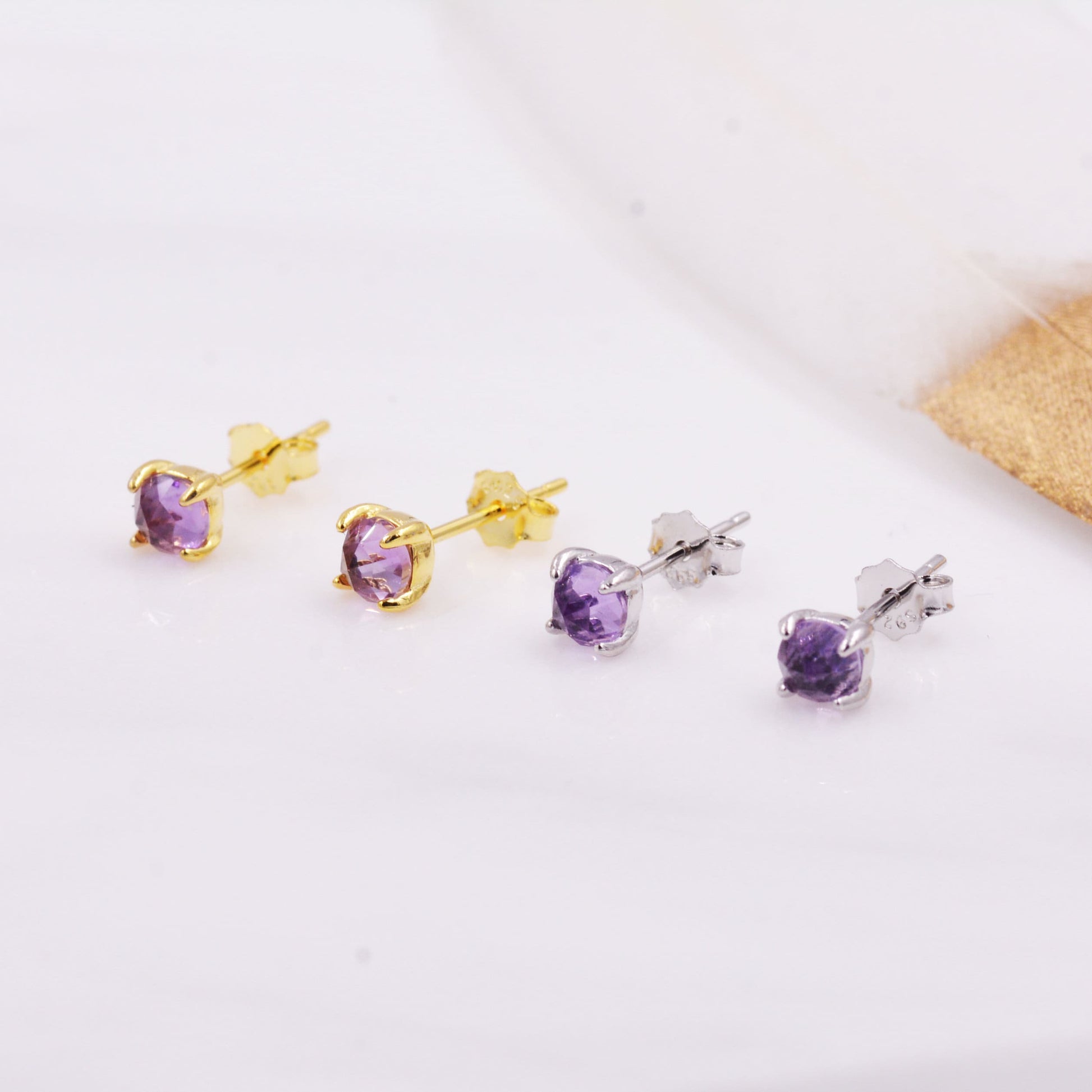 Natural Amethyst Tiny Stud Earrings in Sterling Silver, Rose Cut Amethyst, Gold or Silver, Genuine Gemstone, Minimalist Geometric Design