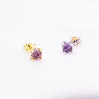 Natural Amethyst Tiny Stud Earrings in Sterling Silver, Rose Cut Amethyst, Gold or Silver, Genuine Gemstone, Minimalist Geometric Design