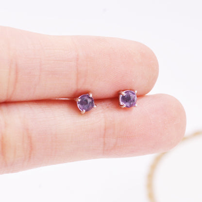 Natural Amethyst Tiny Stud Earrings in Sterling Silver, Rose Cut Amethyst, Gold or Silver, Genuine Gemstone, Minimalist Geometric Design