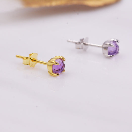 Natural Amethyst Tiny Stud Earrings in Sterling Silver, Rose Cut Amethyst, Gold or Silver, Genuine Gemstone, Minimalist Geometric Design