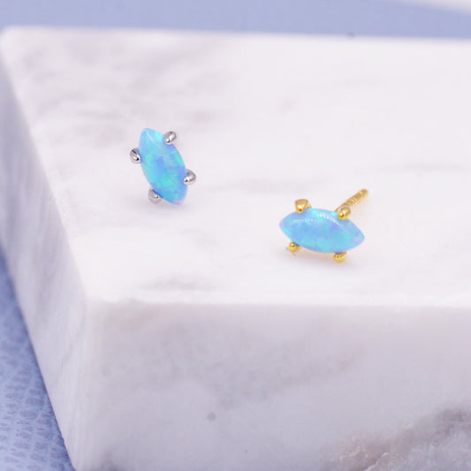 Sterling Silver Tiny Opal Marquise Stud Earrings,Gold or Silver, Minimalist Geometric Design