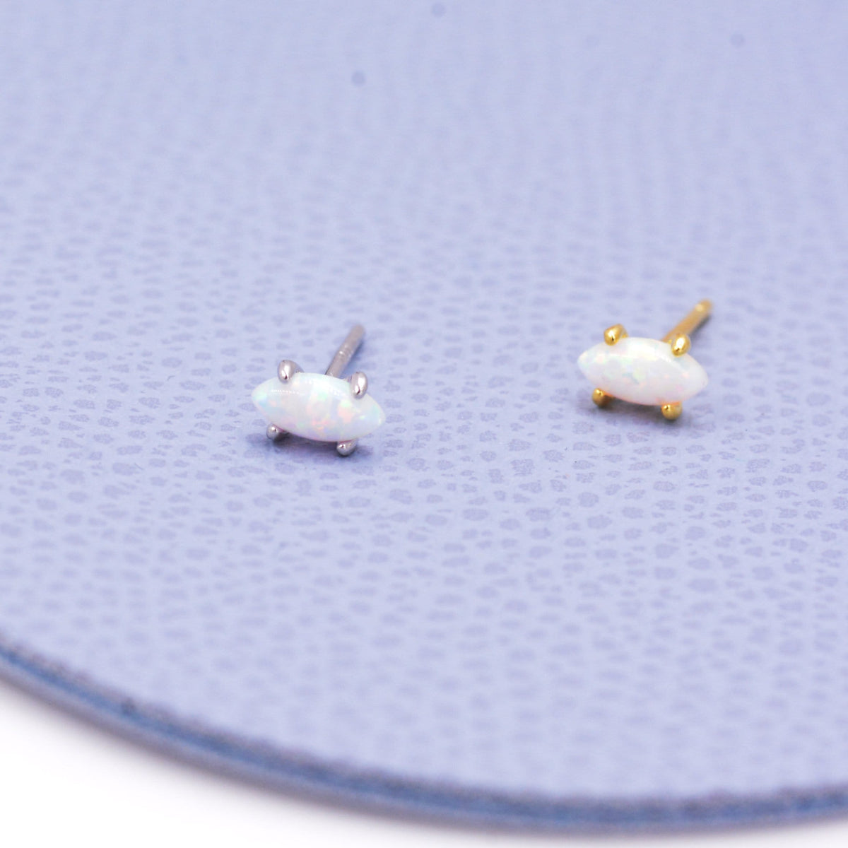 Sterling Silver Tiny White Opal Marquise Stud Earrings, Gold or Silver, Minimalist Geometric Design