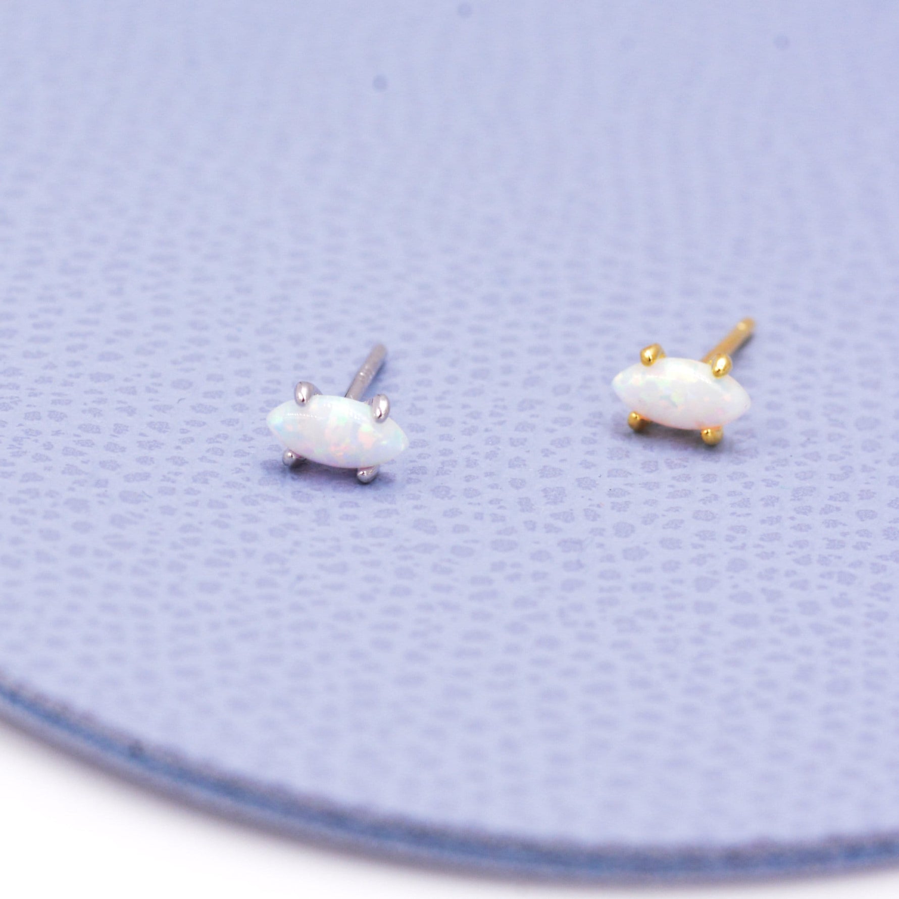 Sterling Silver Tiny White Opal Marquise Stud Earrings, Gold or Silver, Minimalist Geometric Design