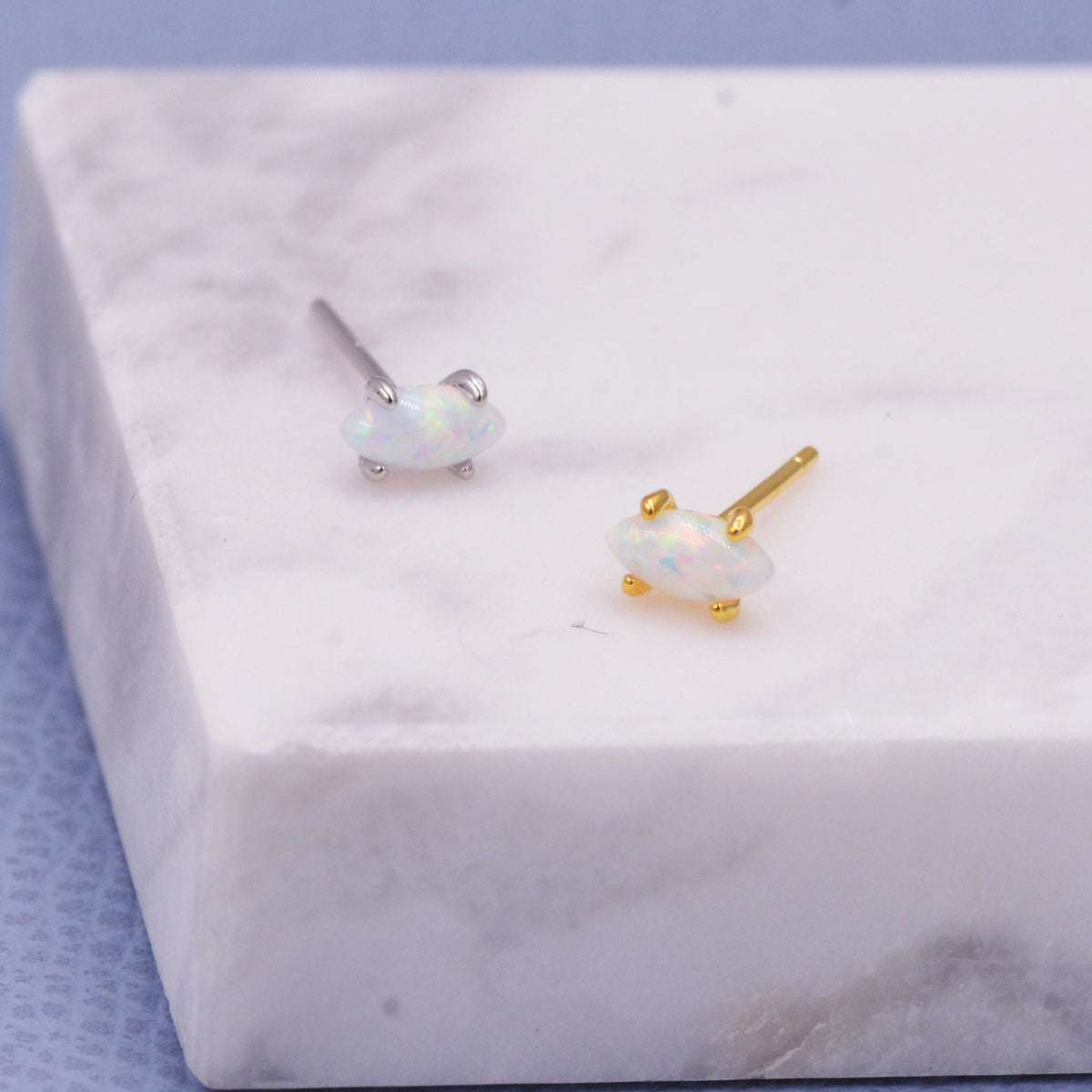 Sterling Silver Tiny White Opal Marquise Stud Earrings, Gold or Silver, Minimalist Geometric Design
