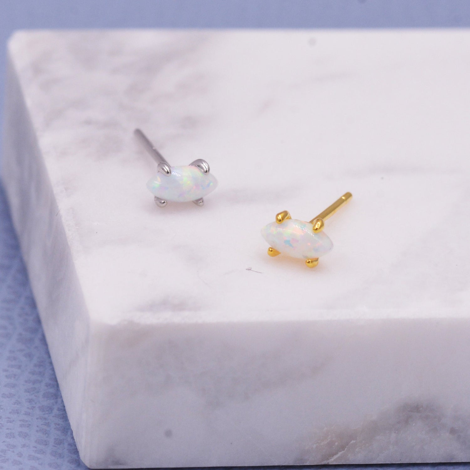 Sterling Silver Tiny White Opal Marquise Stud Earrings, Gold or Silver, Minimalist Geometric Design