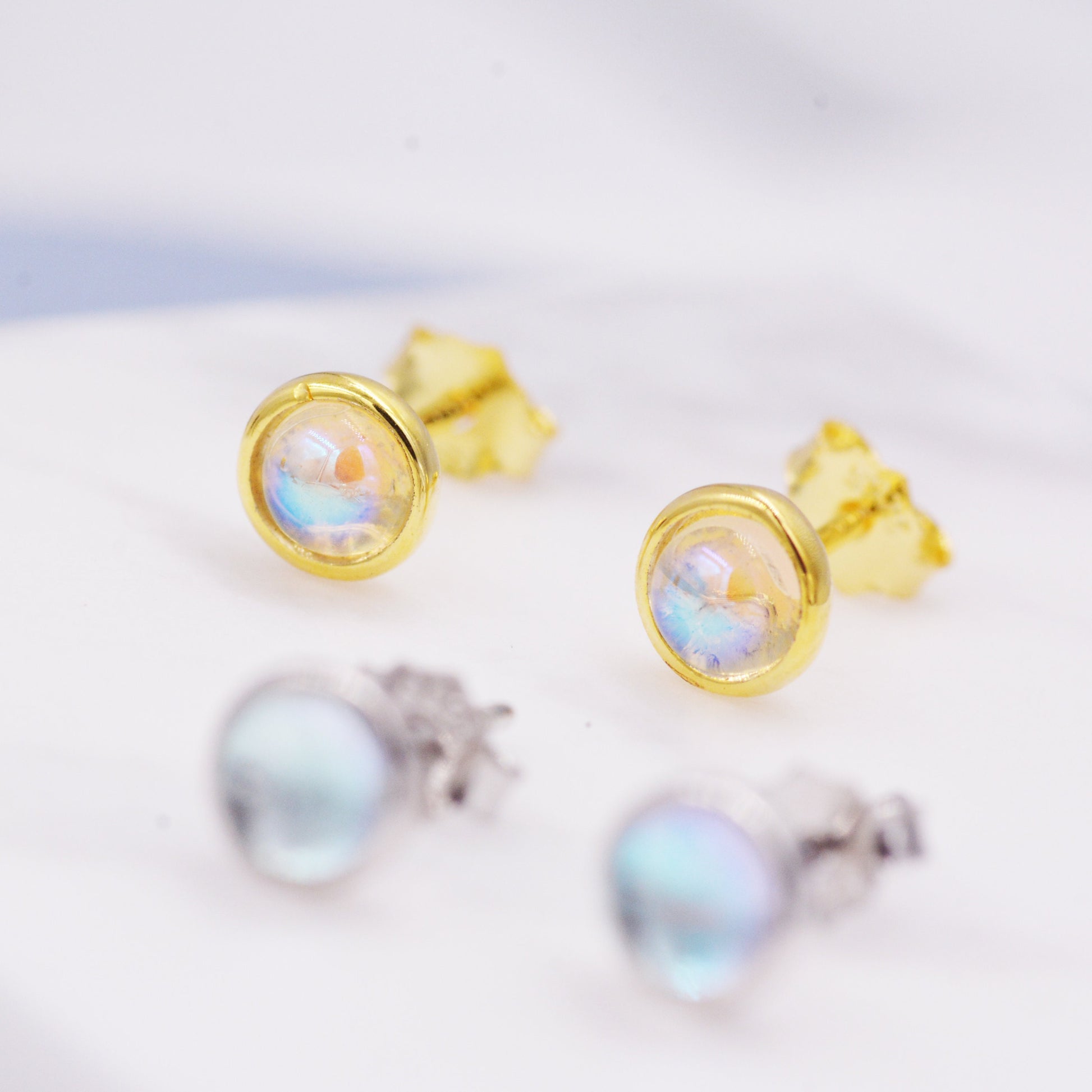 Sterling Silver Moonstone Stud Earrings, Gold or Silver, 4mm Simulated Moonstone Crystal Earrings, Minimalist