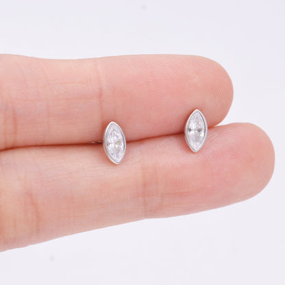 Sterling Silver White Topaz Marquise Stud Earrings, Gold or Silver, Minimalist Geometric Design