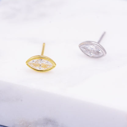 Sterling Silver White Topaz Marquise Stud Earrings, Gold or Silver, Minimalist Geometric Design