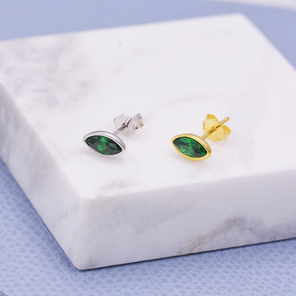 Sterling Silver Emerald Green Marquise Stud Earrings, Simulated Green Emerald, Gold or Silver, Minimalist Geometric Design