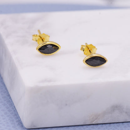 Black Spinel Crystal Marquise Stud Earrings in Sterling Silver, Gold or Silver, Minimalist Geometric Design