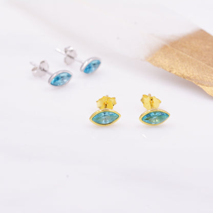 Blue Topaz Marquise Stud Earrings in Sterling Silver, Gold or Silver, Minimalist Geometric Design