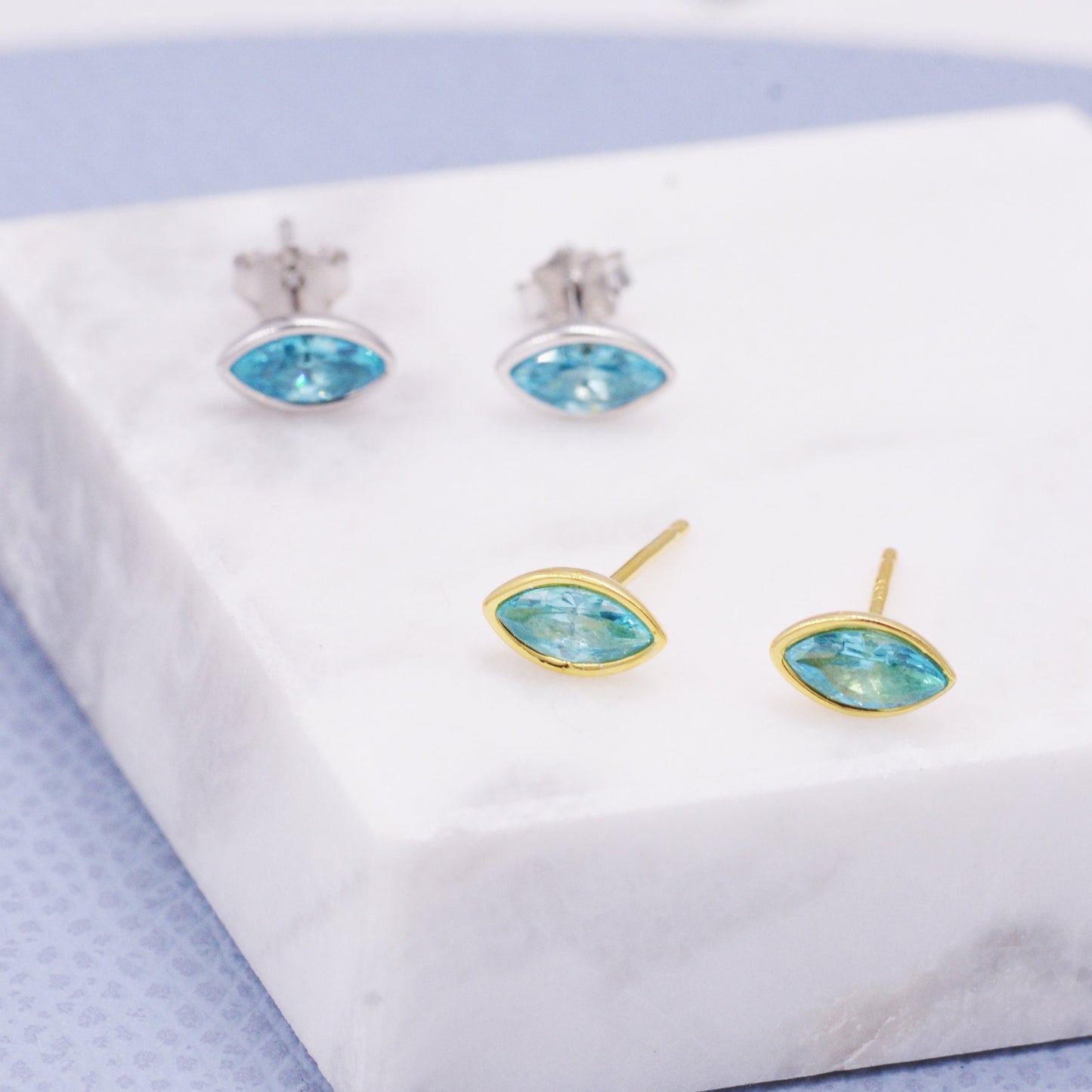 Blue Topaz Marquise Stud Earrings in Sterling Silver, Gold or Silver, Minimalist Geometric Design