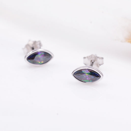 Mystic Topaz Marquise Stud Earrings in Sterling Silver, Gold or Silver, Minimalist Geometric Design