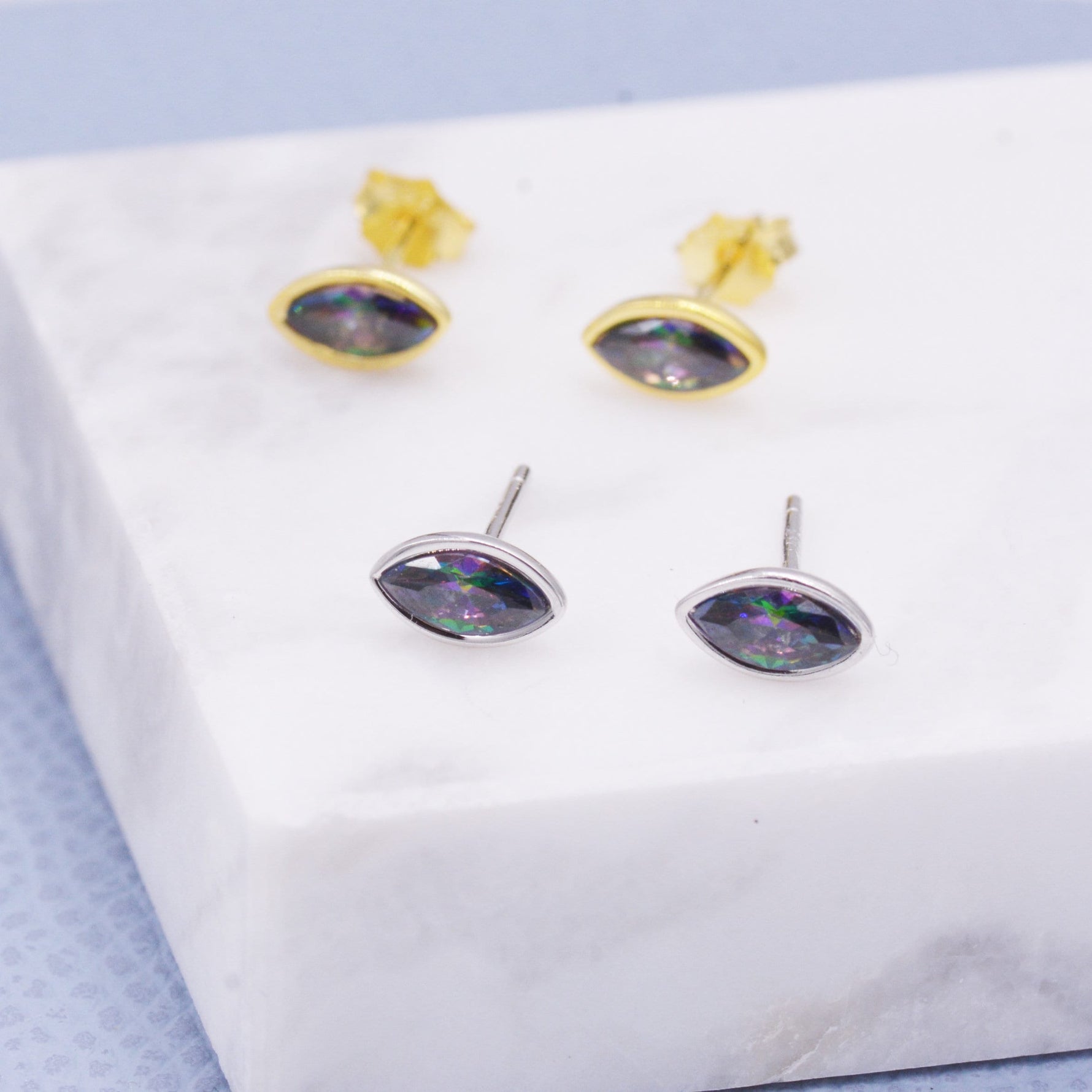 Mystic Topaz Marquise Stud Earrings in Sterling Silver, Gold or Silver, Minimalist Geometric Design