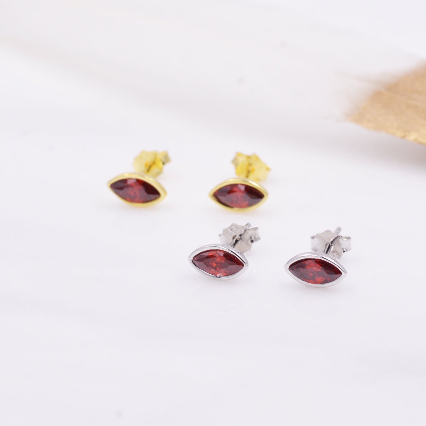 Ruby Red Marquise Stud Earrings in Sterling Silver, Gold or Silver, Minimalist Geometric Design