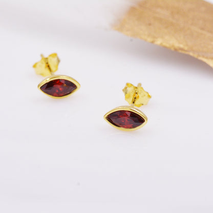 Ruby Red Marquise Stud Earrings in Sterling Silver, Gold or Silver, Minimalist Geometric Design