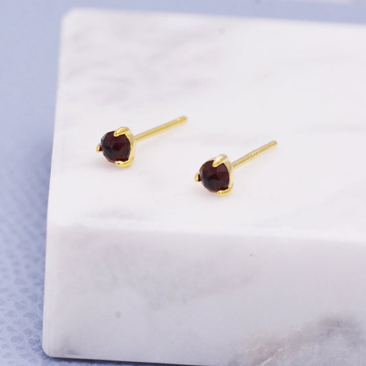 Genuine Pyrope Garnet 3mm Tiny Stud Earrings in Sterling Silver, Dark Red Real Garnet Crystals Stud, Rose Cut Gemstone, Minimalist, Discreet