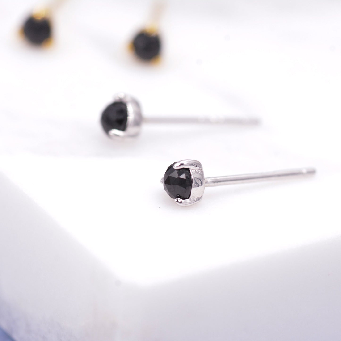 Genuine Black Spinel 3mm Tiny Stud Earrings in Sterling Silver, Rose Cut, Real Semi-precious Gemstone, Simple, Minimalist, Discreet