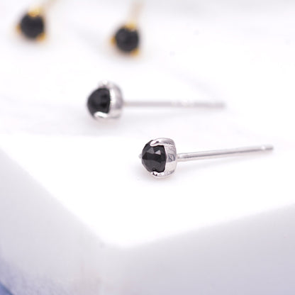 Genuine Black Spinel 3mm Tiny Stud Earrings in Sterling Silver, Rose Cut, Real Semi-precious Gemstone, Simple, Minimalist, Discreet