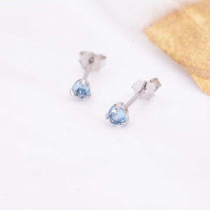 Genuine Blue Topaz 3mm Tiny Stud Earrings in Sterling Silver, Rose Cut Gemstone, Minimalist, Discreet