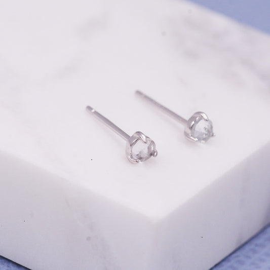 Genuine White Topaz 3mm Tiny Stud Earrings in Sterling Silver, Clear Topaz Crystals Stud, Rose Cut Gemstone, Minimalist, Discreet