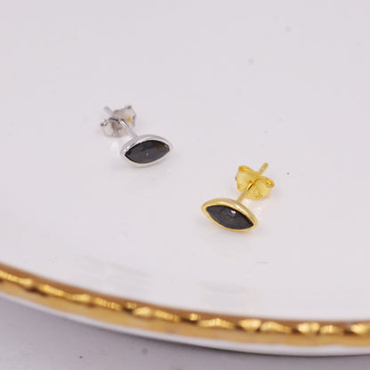 Black Spinel Crystal Marquise Stud Earrings in Sterling Silver, Gold or Silver, Minimalist Geometric Design