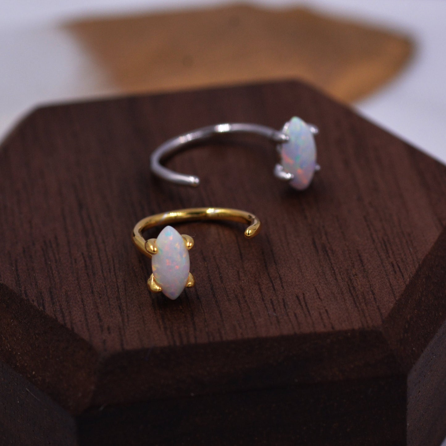 Minimalist Opal Marquise Huggie Hoop Threader Earrings in Sterling Silver, Gold or Silver, Pull Through Open Hoop Earrings,