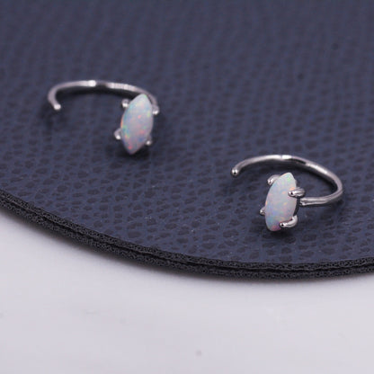 Minimalist Opal Marquise Huggie Hoop Threader Earrings in Sterling Silver, Gold or Silver, Pull Through Open Hoop Earrings,