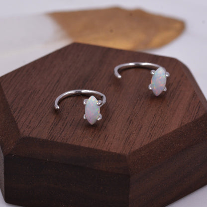 Minimalist Opal Marquise Huggie Hoop Threader Earrings in Sterling Silver, Gold or Silver, Pull Through Open Hoop Earrings,