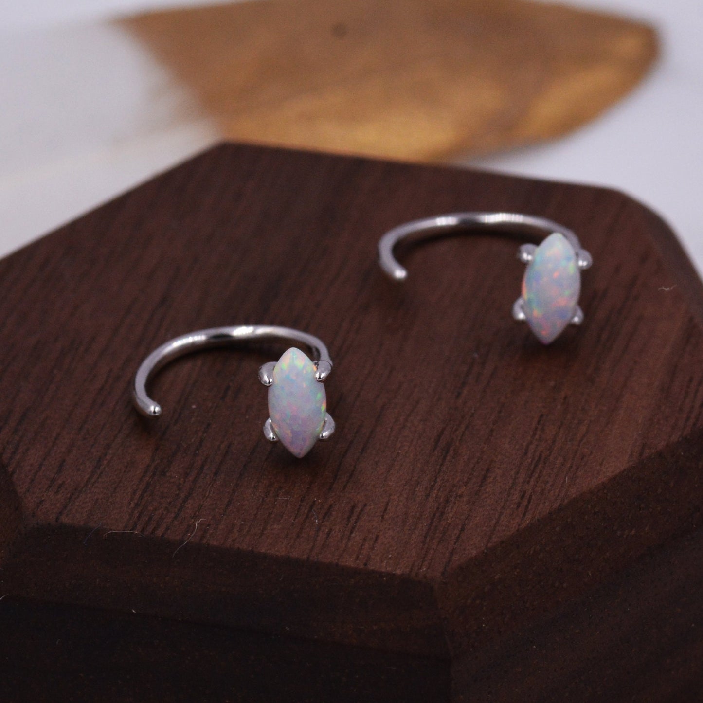 Minimalist Opal Marquise Huggie Hoop Threader Earrings in Sterling Silver, Gold or Silver, Pull Through Open Hoop Earrings,