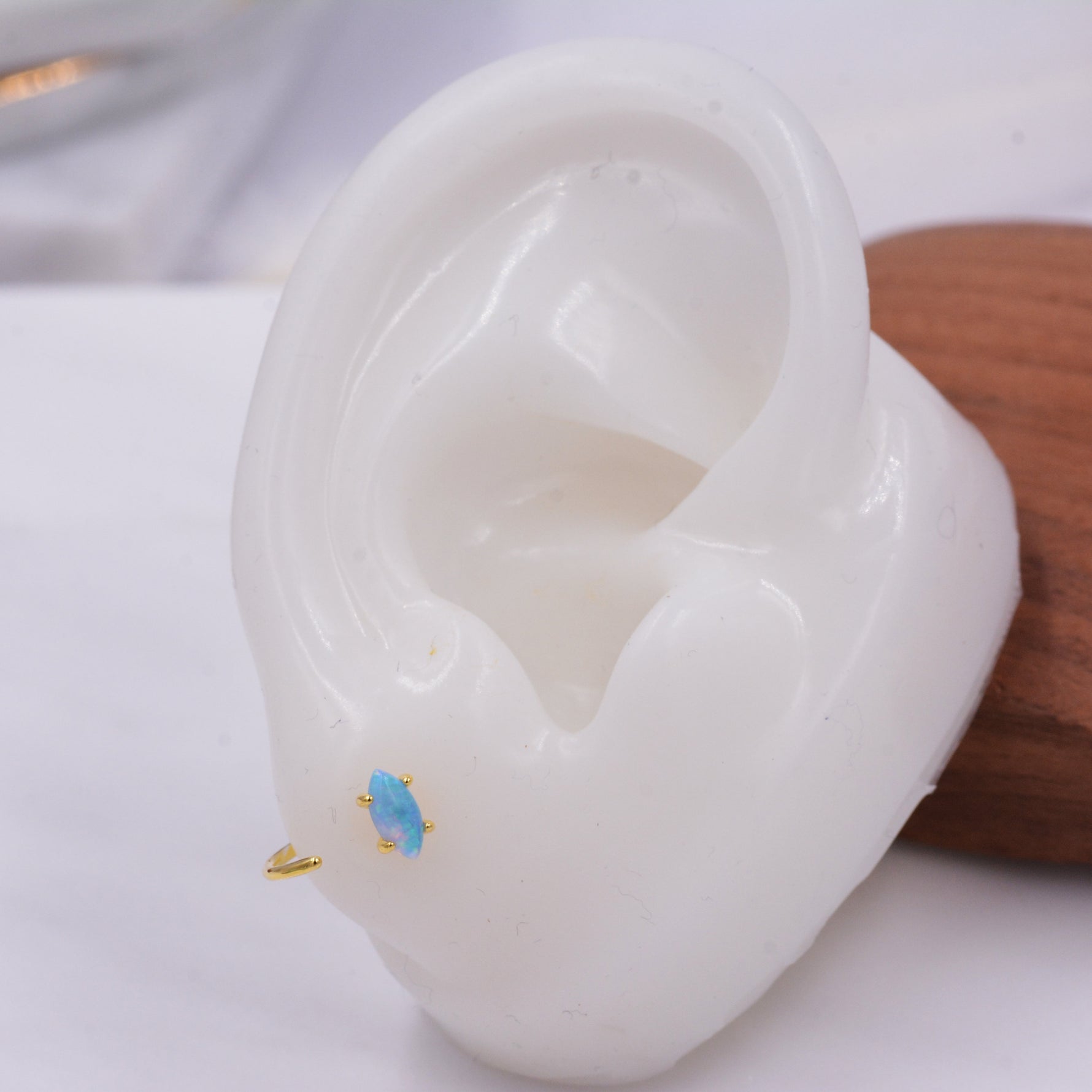 Minimalist Opal Marquise Huggie Hoop Threader Earrings in Sterling Silver, Gold or Silver, Pull Through Open Hoop Earrings, Blue Opal