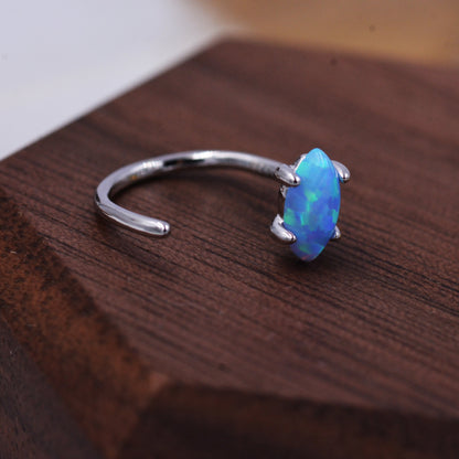 Minimalist Opal Marquise Huggie Hoop Threader Earrings in Sterling Silver, Gold or Silver, Pull Through Open Hoop Earrings, Blue Opal