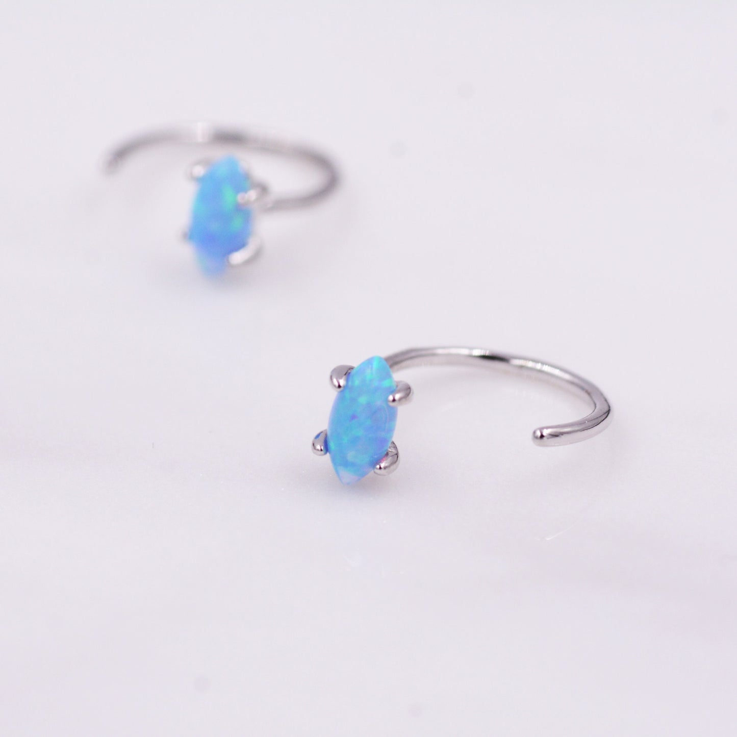 Minimalist Opal Marquise Huggie Hoop Threader Earrings in Sterling Silver, Gold or Silver, Pull Through Open Hoop Earrings, Blue Opal