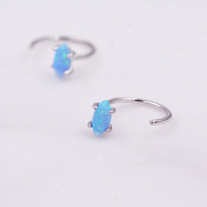 Minimalist Opal Marquise Huggie Hoop Threader Earrings in Sterling Silver, Gold or Silver, Pull Through Open Hoop Earrings, Blue Opal