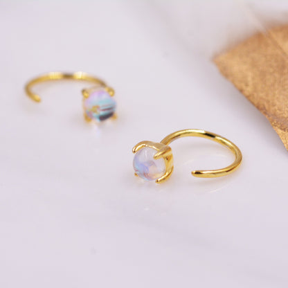 Colour Changing Crystal Huggie Hoop Threader Earrings in Sterling Silver, Simulated Moonstone, 4mm, Pull Through Open Hoops