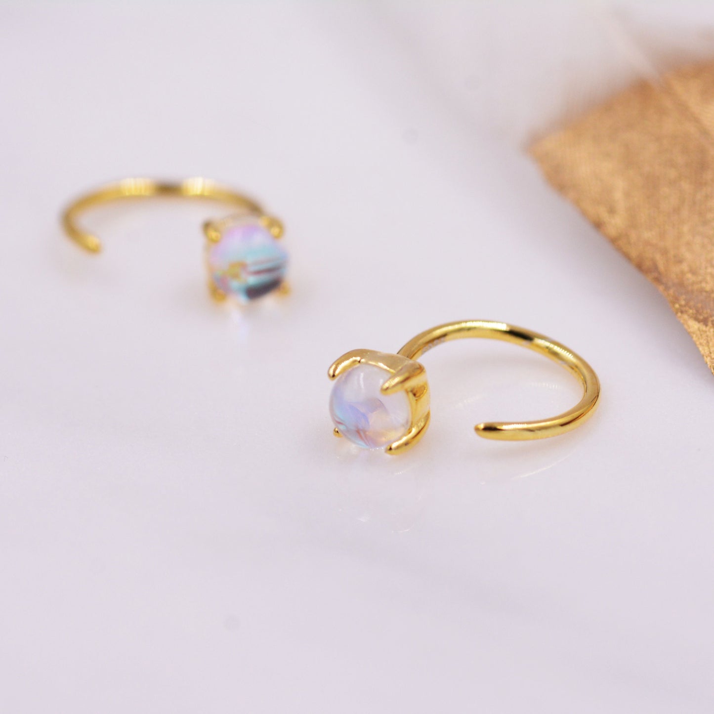 Colour Changing Crystal Huggie Hoop Threader Earrings in Sterling Silver, Simulated Moonstone, 4mm, Pull Through Open Hoops