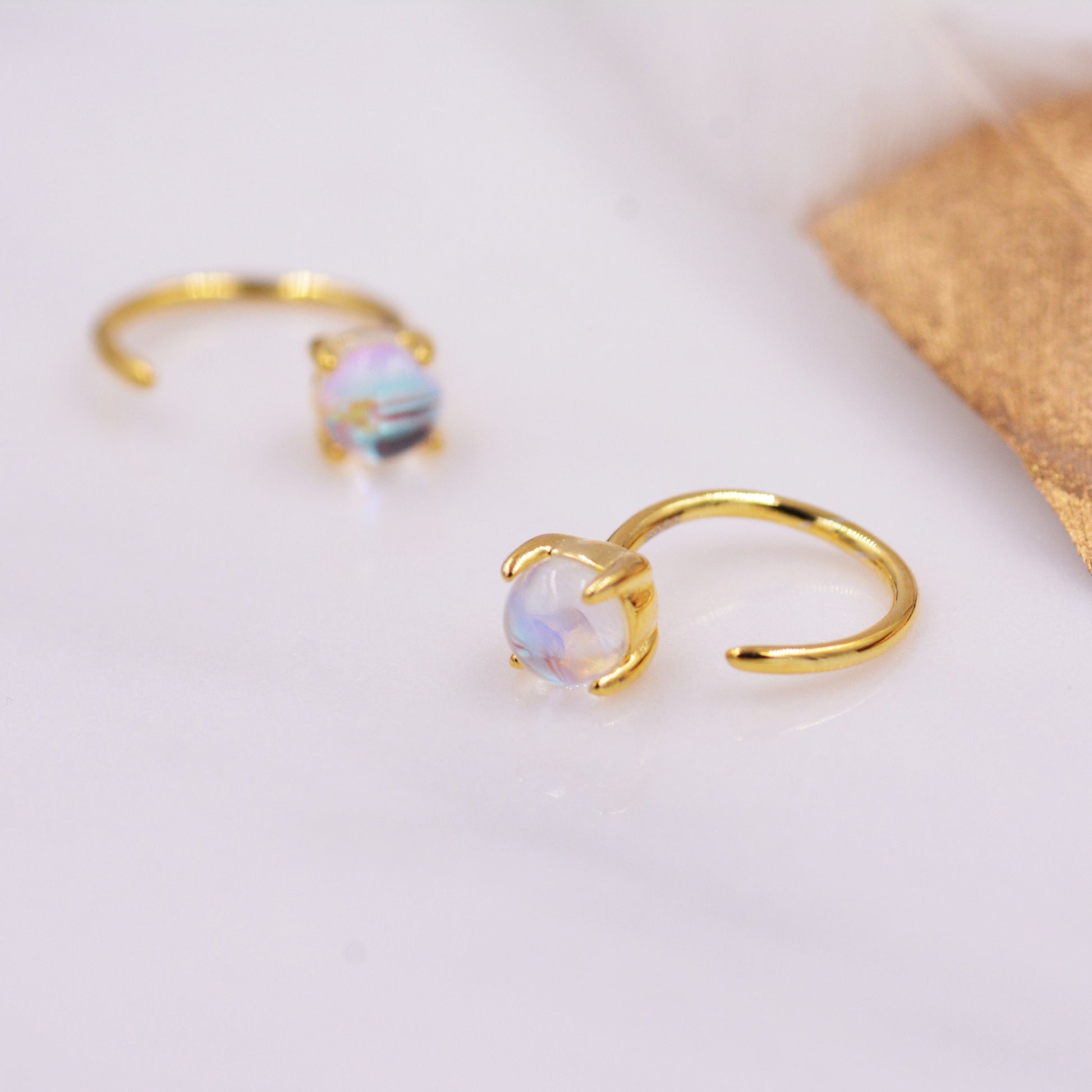 Colour Changing Crystal Huggie Hoop Threader Earrings in Sterling Silver, Simulated Moonstone, 4mm, Pull Through Open Hoops