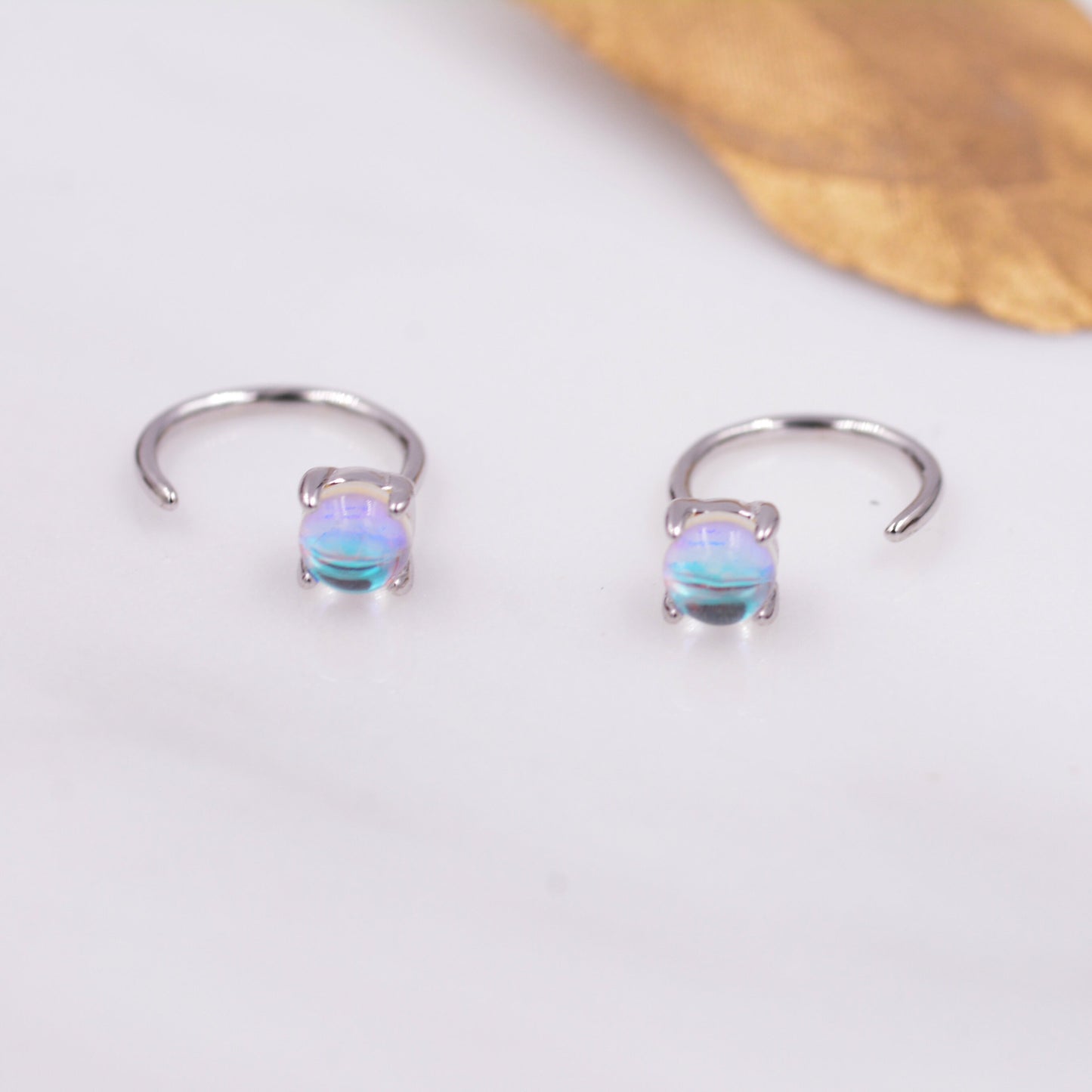 Colour Changing Crystal Huggie Hoop Threader Earrings in Sterling Silver, Simulated Moonstone, 4mm, Pull Through Open Hoops