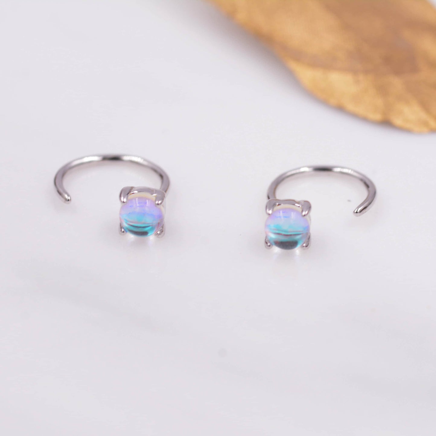 Colour Changing Crystal Huggie Hoop Threader Earrings in Sterling Silver, Simulated Moonstone, 4mm, Pull Through Open Hoops